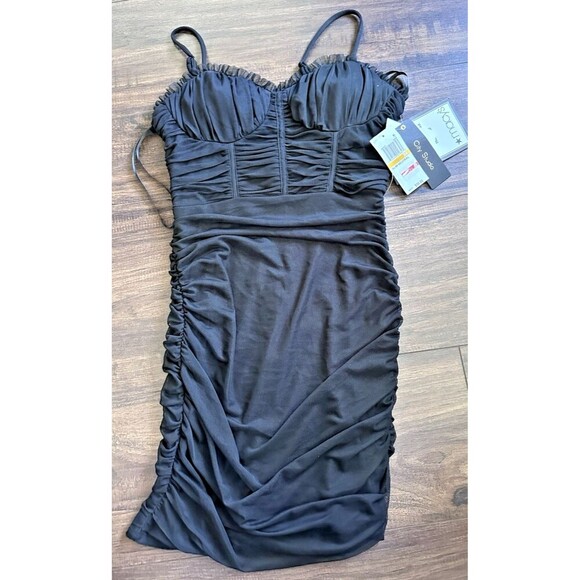 City Studios Juniors' Ruched Bustier Bodycon Mesh Mini  Dress Black 3/4 - Picture 4 of 9